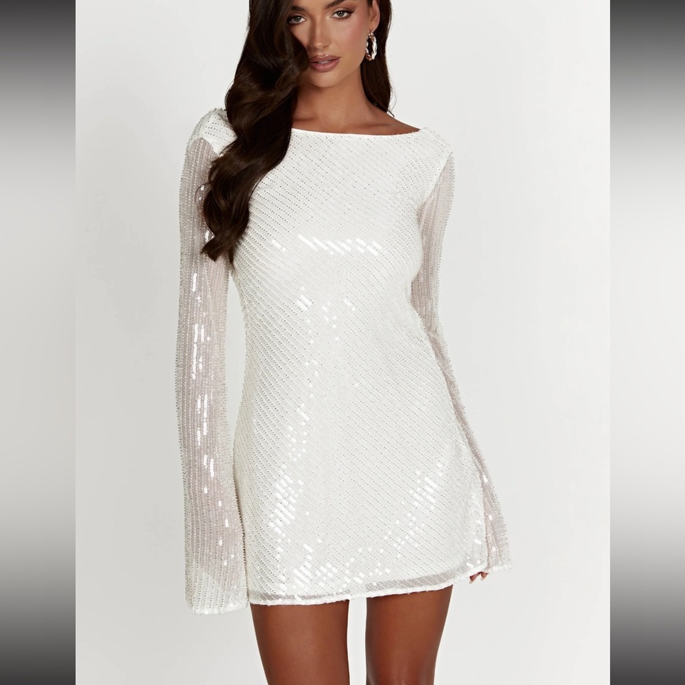 Meshki White Sequin Long Sleeve Mini Dress